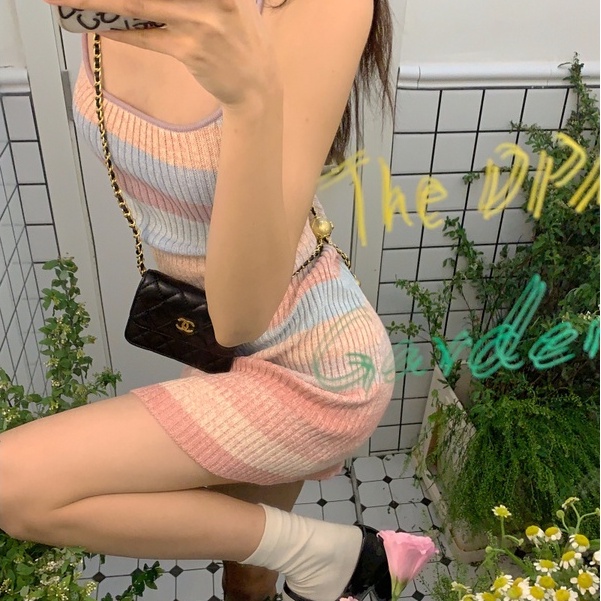 [MURIOKI] Đầm Dệt Kim Hai Dây Mini Ôm Dáng Màu Cầu Vồng Phong Cách Hàn Quốc Cho Nữ