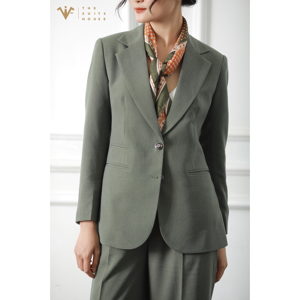 Bộ vest nữ xanh rêu 2 khuy 3 túi ống rộng, suits sartorial chất linen The Suits House