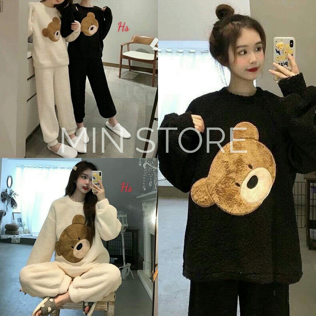 Bộ mặc nhà nữ lông mặt gấu dễ thương 🦋 Bộ ngủ mặc mùa đông 2 màu xinh xắn_minstore
