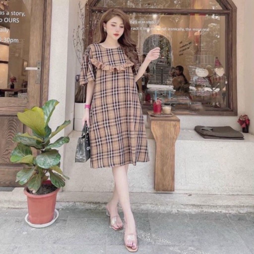 Đầm bầu kẻ karo chất lụa thô thiết kế mặc đi làm đi chơi.