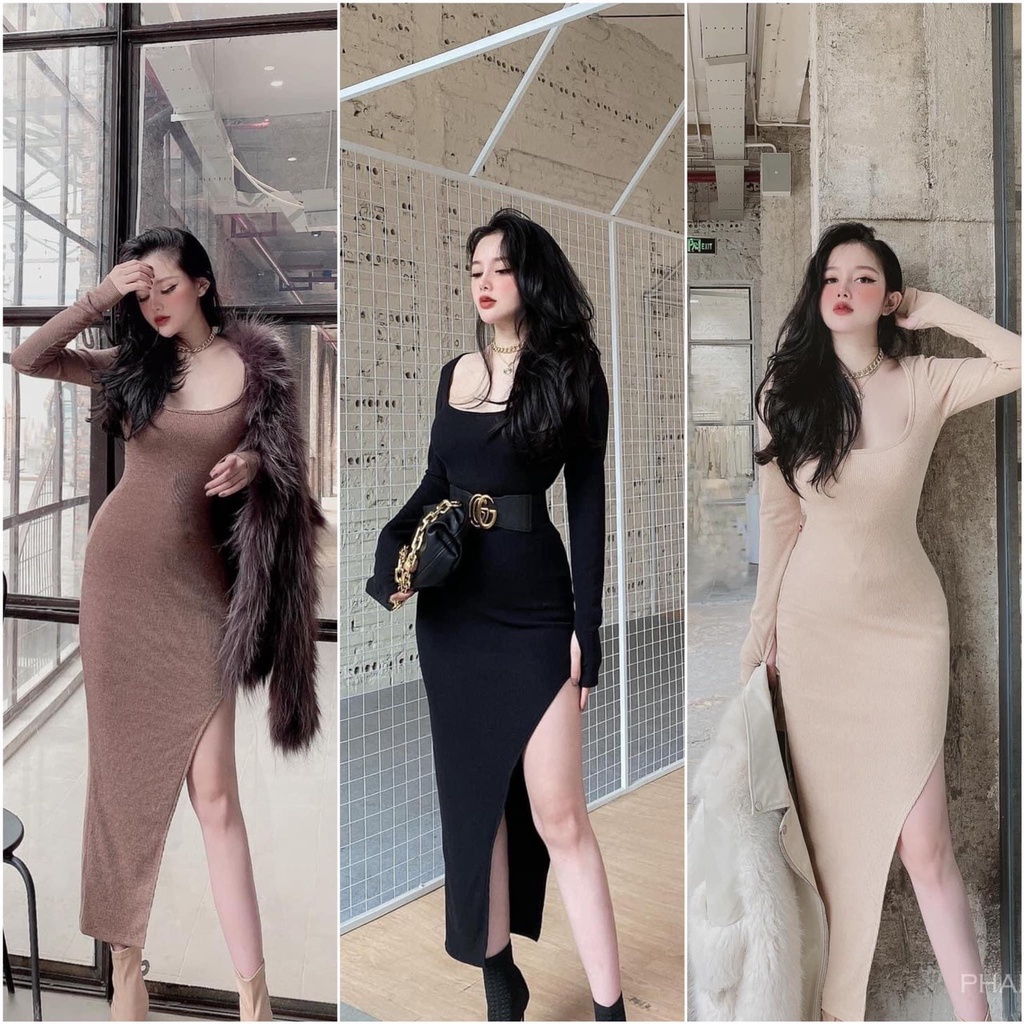 ĐẦM BODY TAY DÀI XẺ ĐÙI HÀNG NHẬP Ꮯɦấȶ Ꮮɨệʊ: thun len. Có 3 màu. Size dưới 54kg vừa. Đơn giản mà đẹp