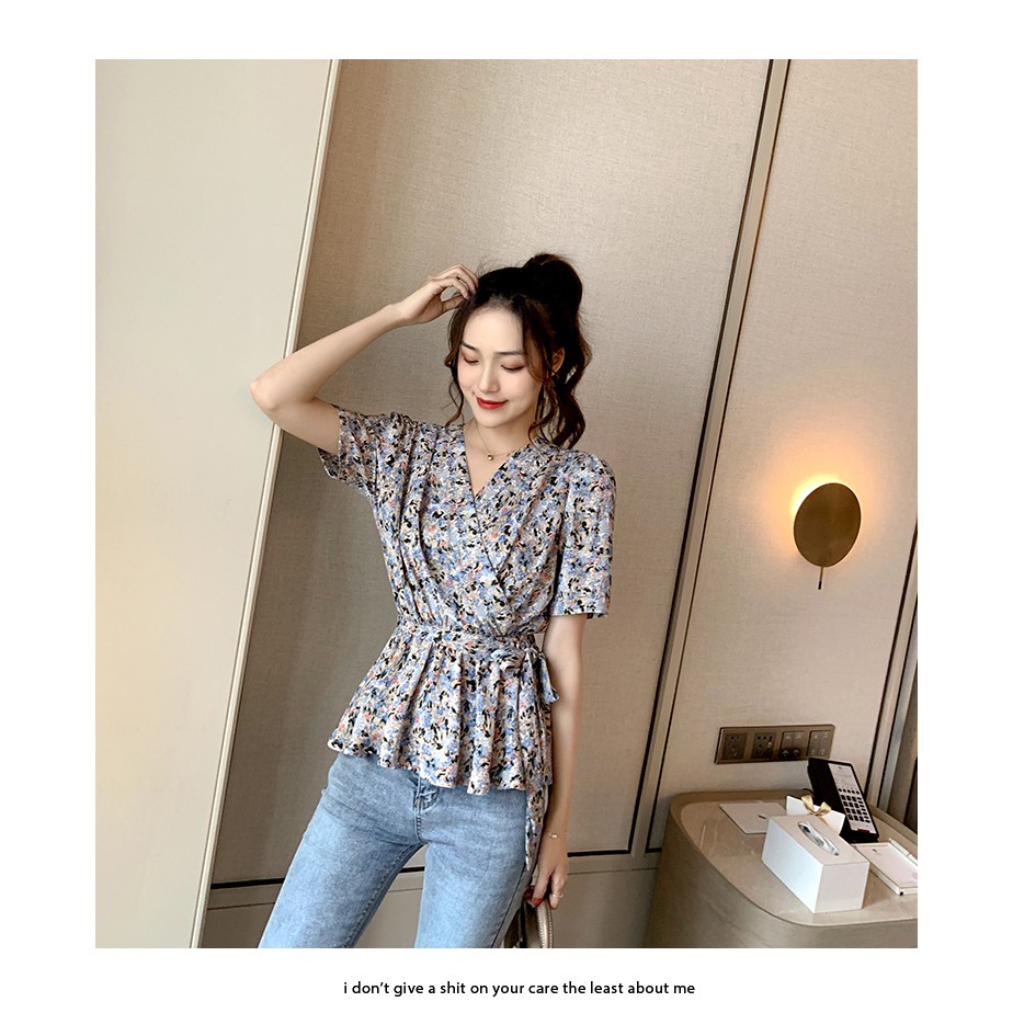 Áo Peplum Ngắn Tay Cổ Chữ V In Hoa Thời Trang