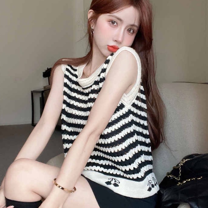 Áo thun ZHELIHANGFEI dệt kim không tay họa tiết cherry kẻ sọc thời trang xinh xắn