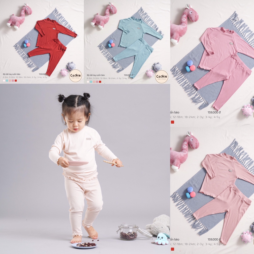 Bộ dài tay quần dài cuốn bèo bé gái họa tiết trẻ em Cookie