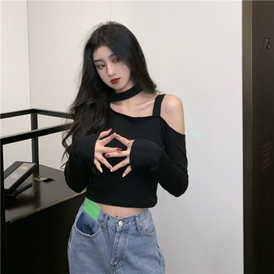 Áo Croptop Tay Dài Trễ Vai Màu Đen Phong Cách Hàn Quốc Cho Nữ