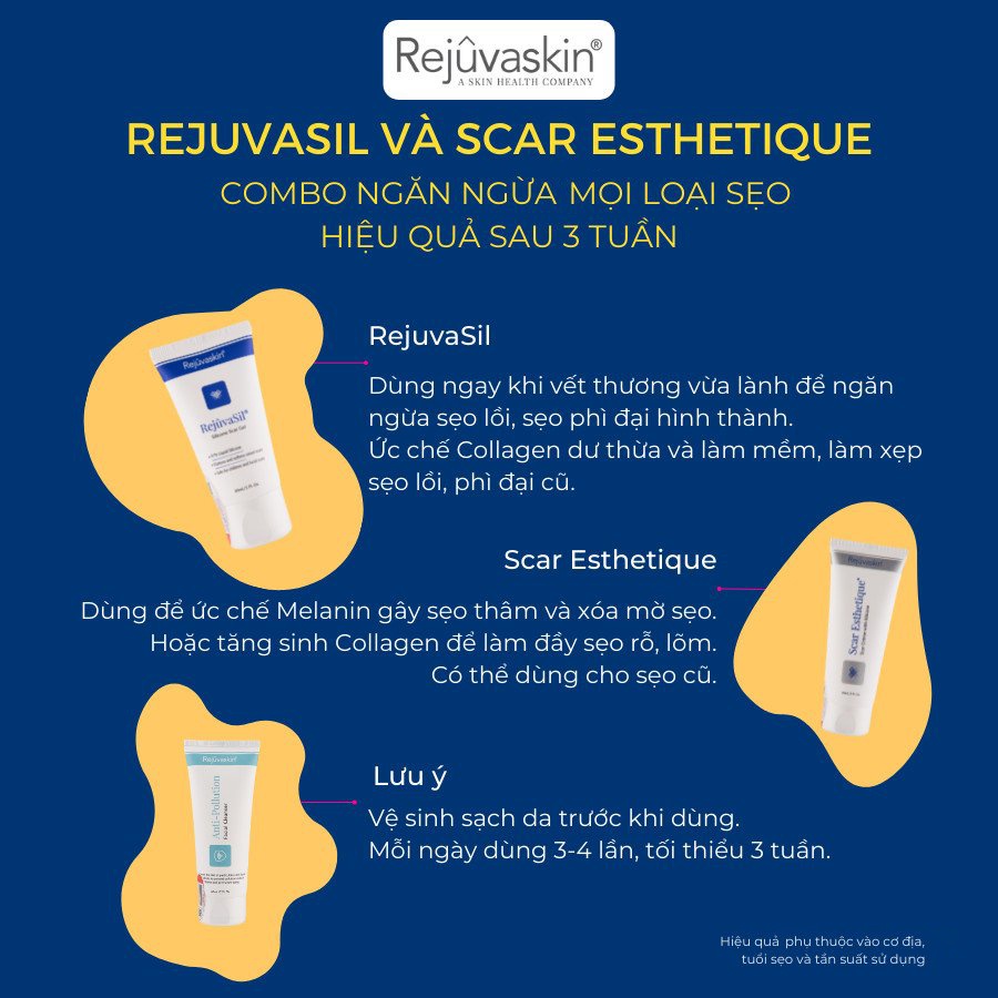 Combo chăm sóc da Rejuvaskin ngăn ngừa sẹo, làm xẹp sẹo lồi, sẹo phì đại Silicone Rejuvasil Gel 10ml và SRM 60ml