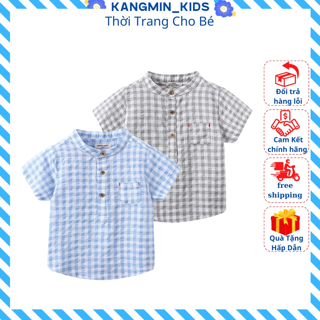 Áo sơ mi bé trai Kangmin kids, áo cộc bé trai chất liệu thô đũi kẻ caro cao cấp siêu đẹp cho bé từ 7-28kg QATE045