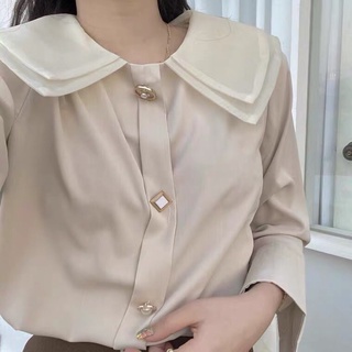 Áo sơ mi màu be cổ lá 2 tầng
