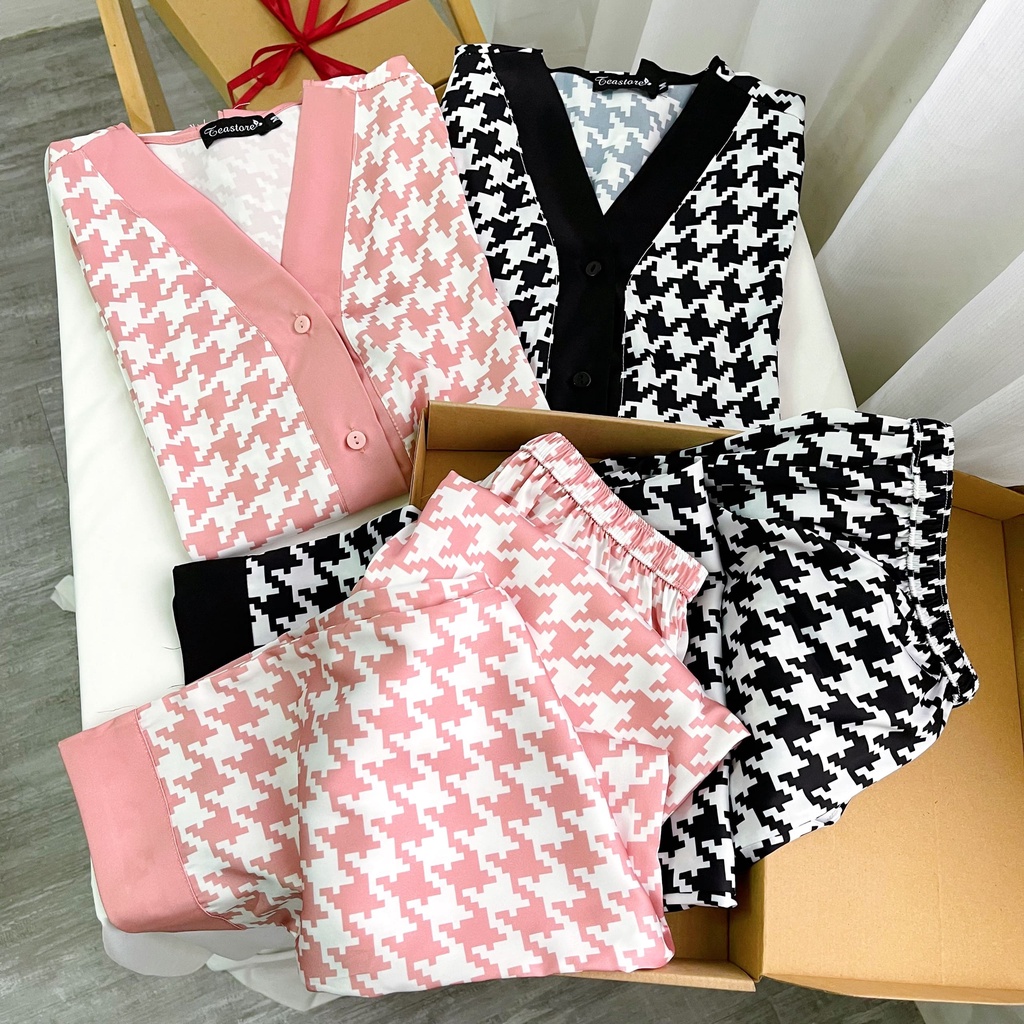 Bộ mặc nhà Pyjama chất lụa Tea Store áo dài quần dài họa tiết zigzag 4 màu cổ V | BigBuy360 - bigbuy360.vn