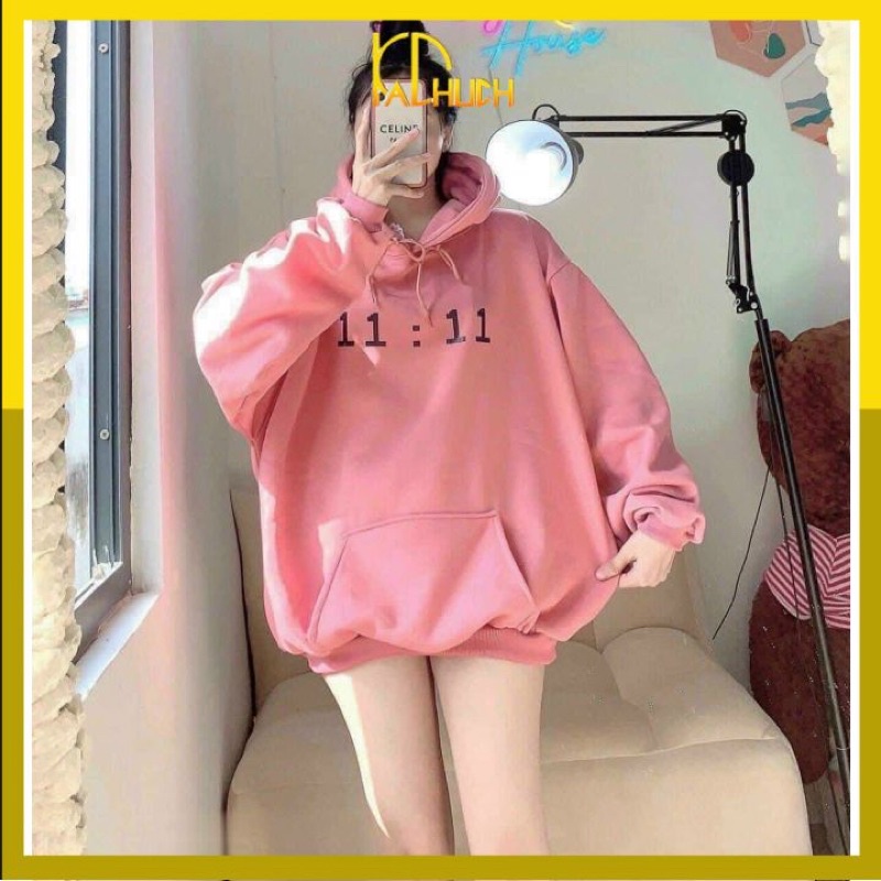 Áo hoodie tay phồng in 11:11 giờ, form rộng &lt;65kg hàng nỉ ngoại dày dặn nón 2 lớ