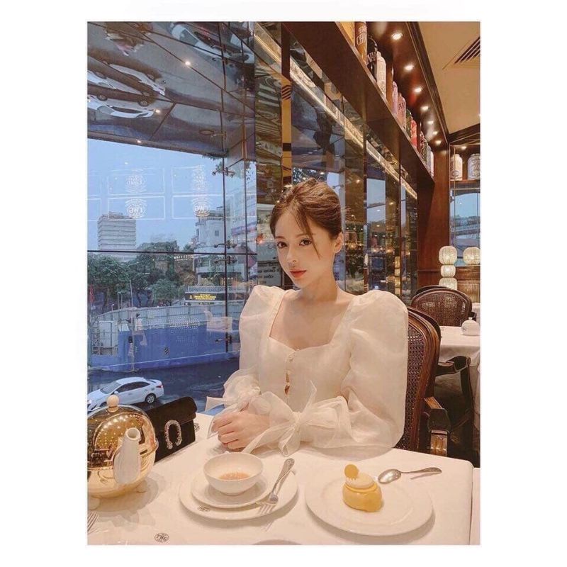 Áo sơ mi croptop cổ vuông tay dài thắt nơ, may 2 lớp (BT053)