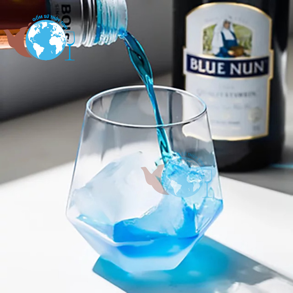 Ly thủy tinh góc lục giác màu xanh hoặc màu trắng cực sang / Ly uống whisky, ly rock