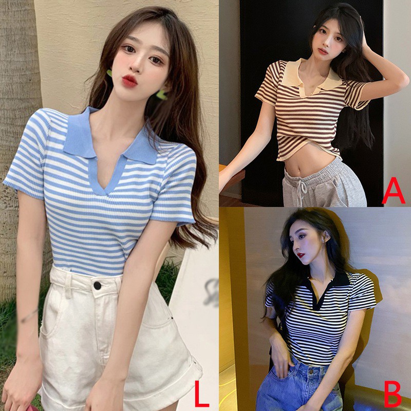 Áo thun nữ ngắn tay cổ bẻ sọc ngang thời trang Hàn