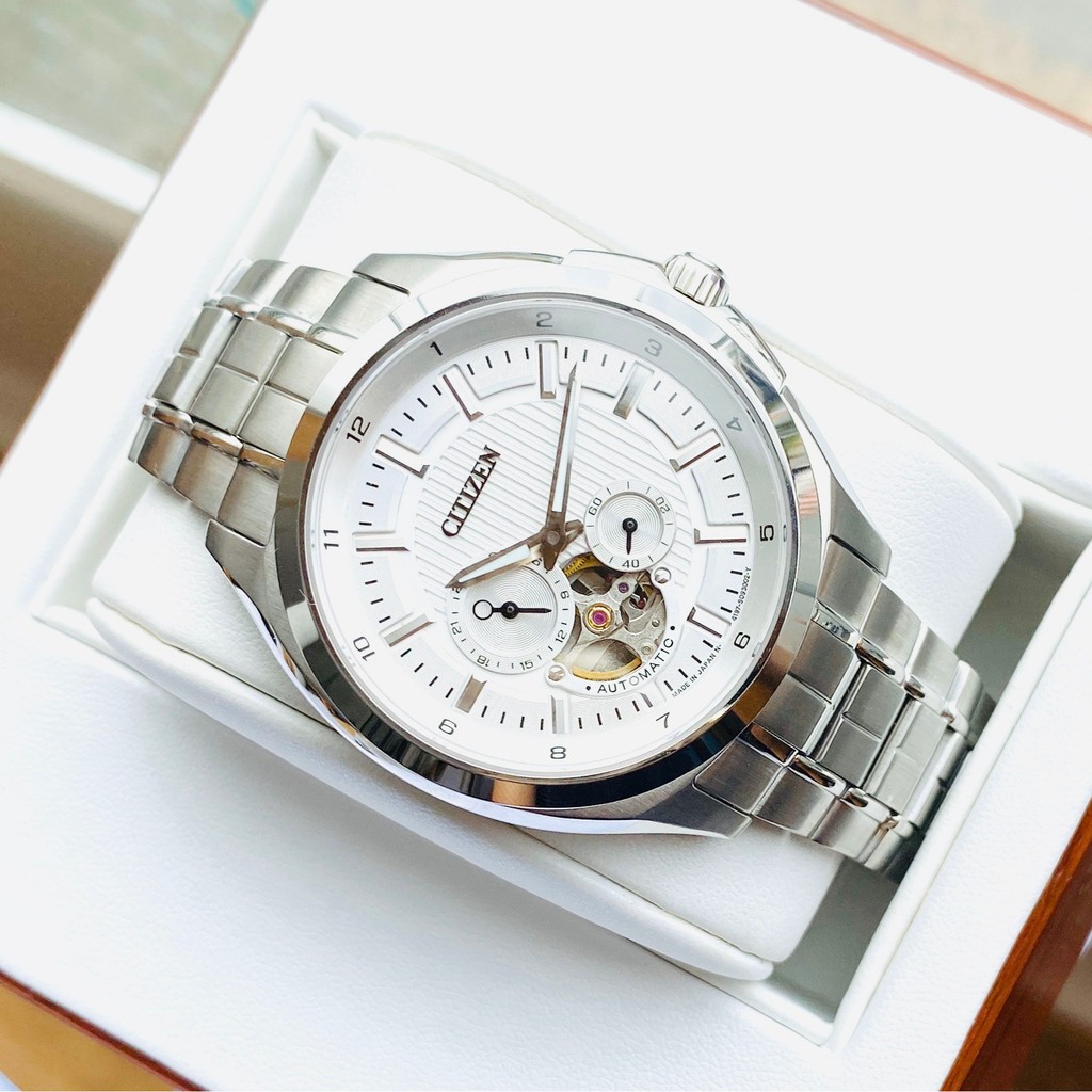 Đồng hồ Nam Citizen Automatic Np1000-55A Hở tim,Mặt trắng,Kính Sapphire-Máy cơ tự động-Dây kim loại cao cấp-Size 43mm