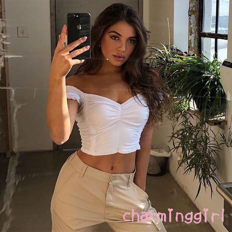 Áo Croptop Ngắn Tay Phối Bèo Thiết Kế Màu Trơn Thanh Lịch