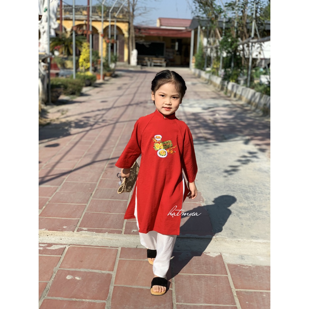 Áo dài Thanh Mai cho bé gái vải đũi mềm mại thêu hoa mai vàng xinh xắn (kèm quần đũi trắng)