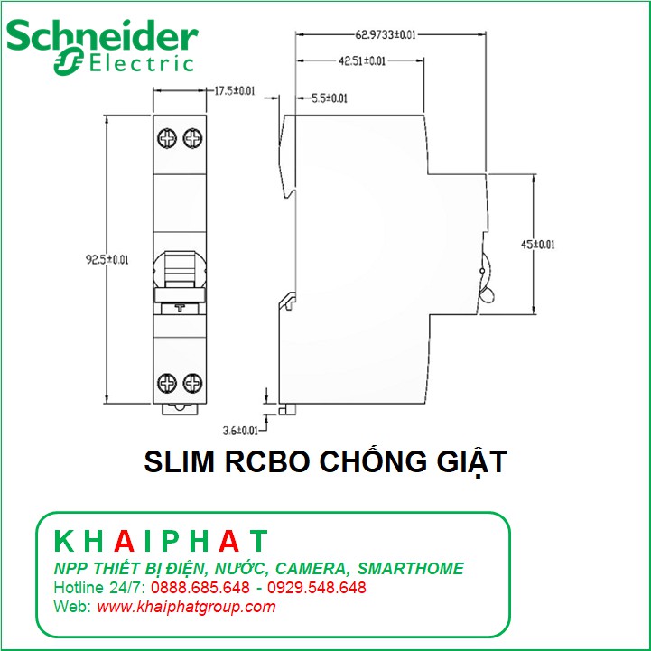 Schneider SLIM RCBO CB CHỐNG GIẬT 2P TÉP 1 PHA 2 CỰC 30mA 4.5kA át, Áp Tô mát, aptomat atomat 6A,10A,16A, 20A, 25A, 32A