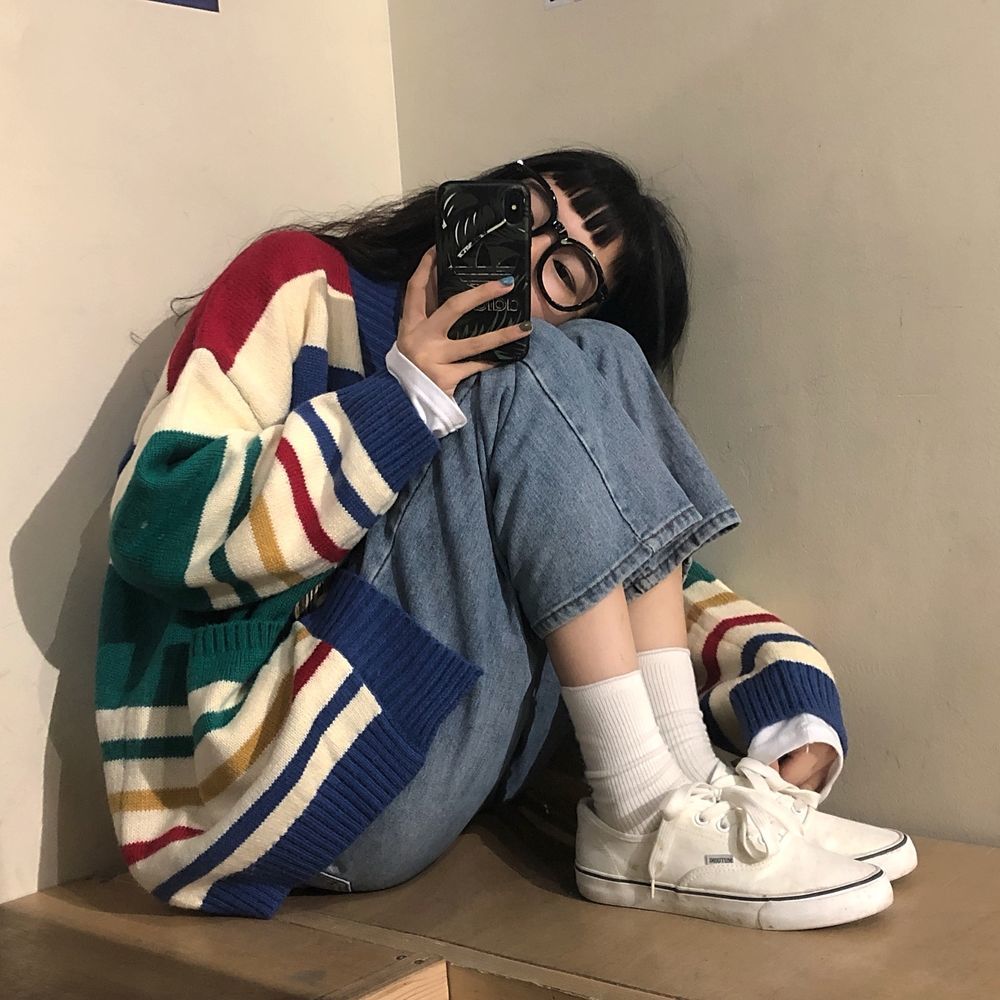 Áo khoác len cardigan dáng rộng họa tiết kẻ sọc ngang trẻ trung thời trang