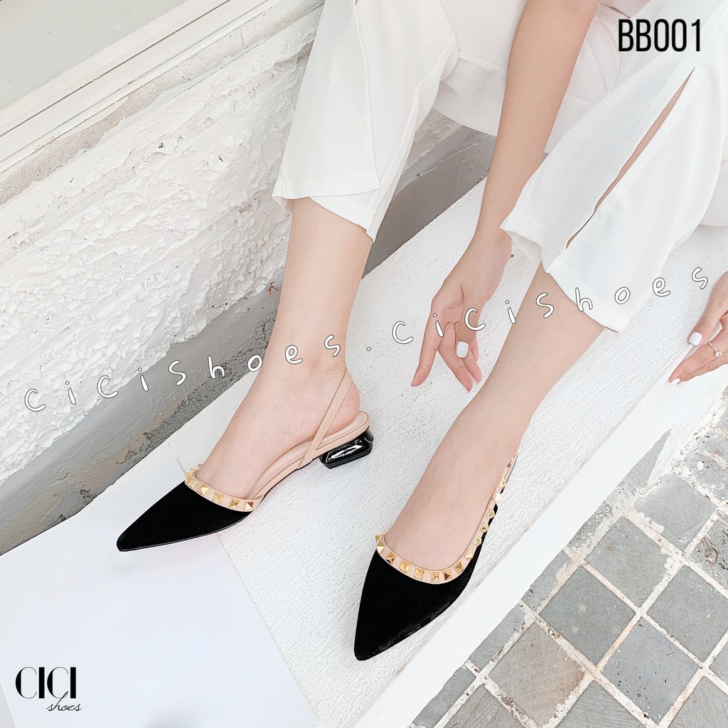 Giày búp bê nữ CiCi Shoes 1cm mũi nhọn, giầy nhung đinh tán khoét eo - BB001