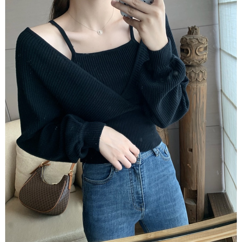 SUXI Áo dệt kim trễ vai cổ V phong cách Vintage thời trang đơn giản cho nữ