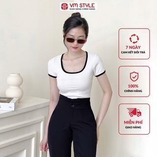 Áo thun tay ngắn VMSTYLE kiểu croptop cổ U viền màu 22ATU01T371704