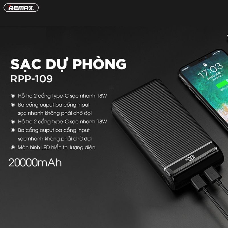 Pin Sạc Dự Phòng Sạc nhanh 18w,20000mah Chính Hãng Remax Bảo Hành 12 tháng