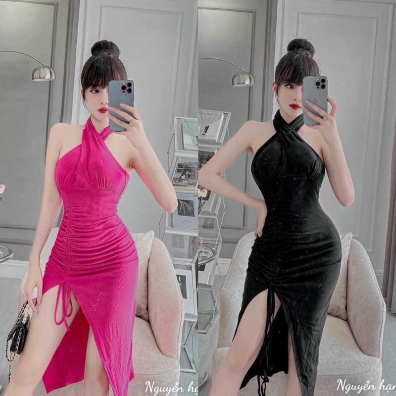 Đầm Gân Yếm Xẻ Hông Rút