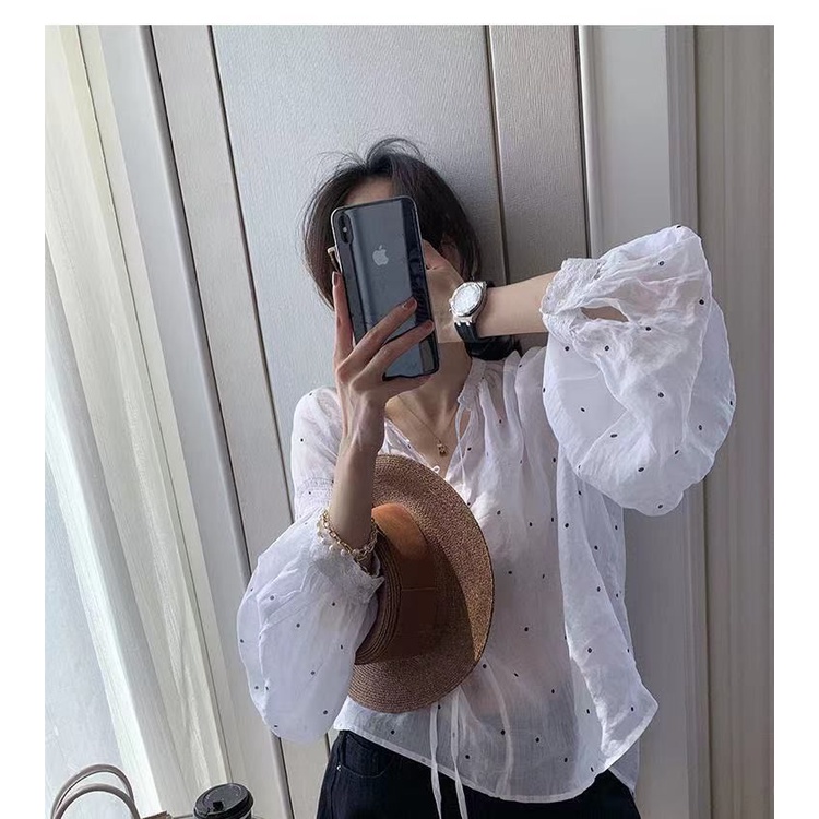 Áo Sơ Mi Tay Dài Cổ Chữ v Họa Tiết Chấm Bi Thời Trang Phong Cách Hàn Quốc Cho Nữ