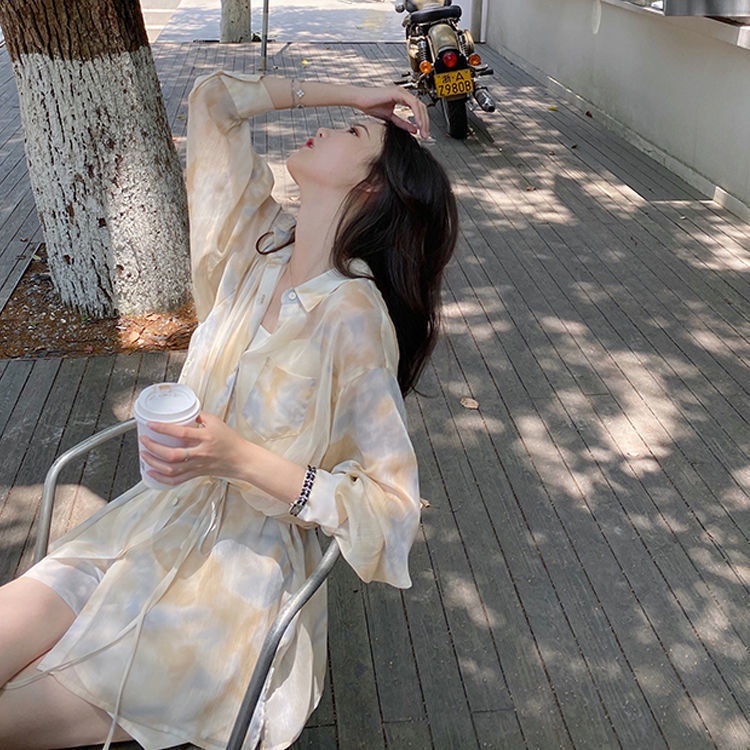Set Đồ Mùa Hè 2 Món Gồm Áo Voan Tay Dài Chống Nắng Màu Nhuộm Dáng Rộng + Quần ngắn ống rộng Cho Nữ