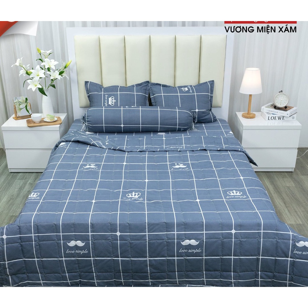 Bộ chăn hè ga gối 1m6x2m set 4 món-Vải Cotton Polymẫu tim xanh