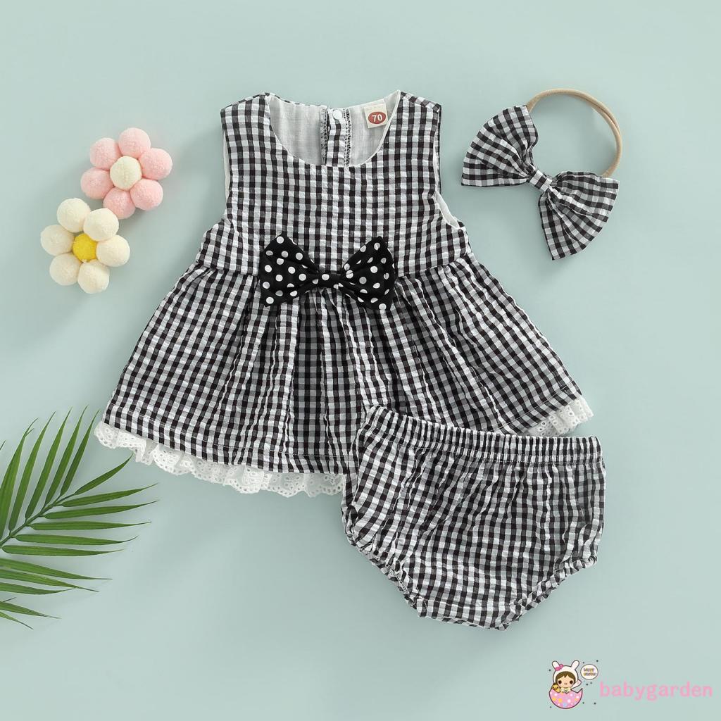 Set Đồ 3 Món Gồm Áo Sát Nách Cổ Tròn Kẻ Sọc Ca Rô + Quần Short Lưng Thun + Băng Đô Dành Cho Bé Gái 0-24 Tháng Tuổi