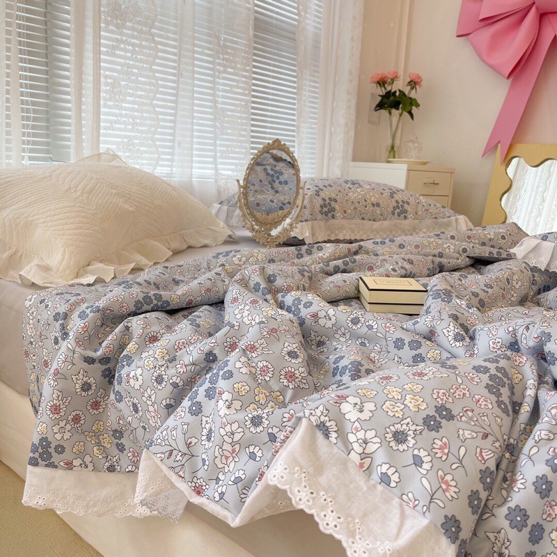 [Hot]Bộ chăn ga gối cotton đũi Bạc Hà chăn trần -Luis Bedding chăn ha hàn quốc (miễn phí bo chun)