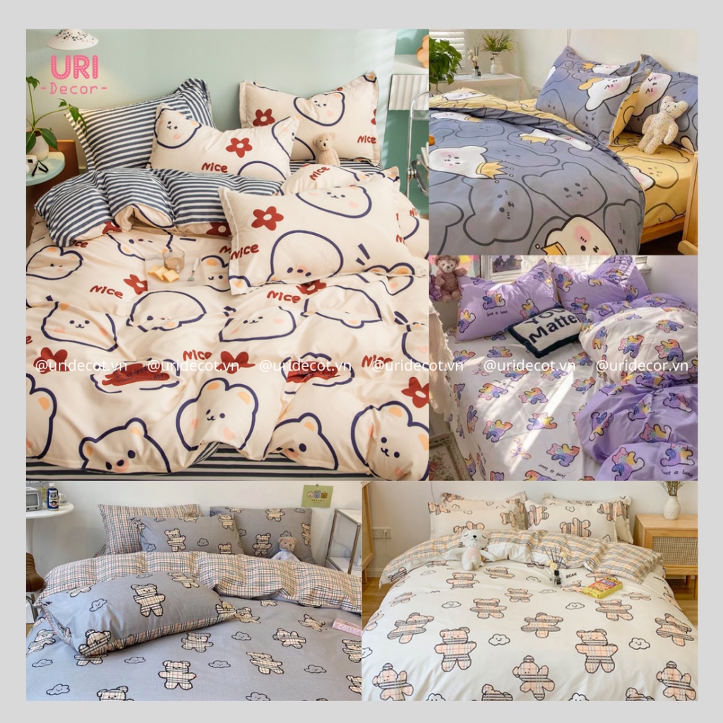 Bộ chăn ga giường và vỏ gối Cotton Poly Uri Decor cao cấp Hàn Quốc in 3D hình gấu bear đủ size kích thước nệm