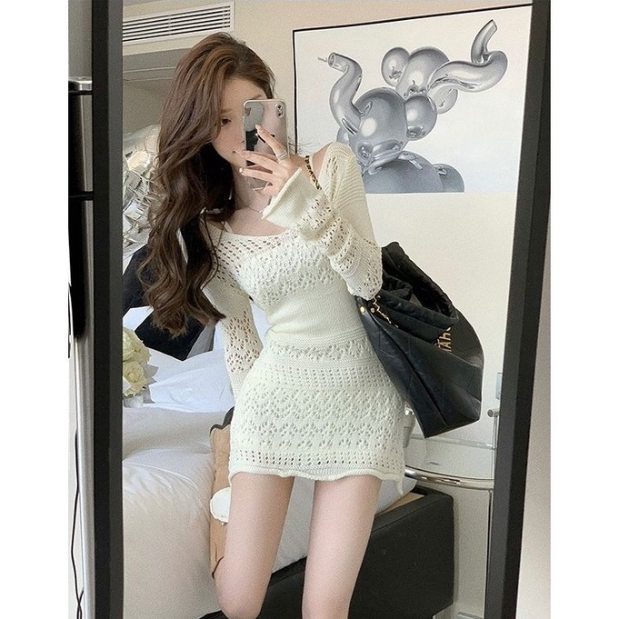 LALISAS Đầm Dệt Kim Mỏng Hở Eo Thời Trang Hàn Quốc Cho Nữ