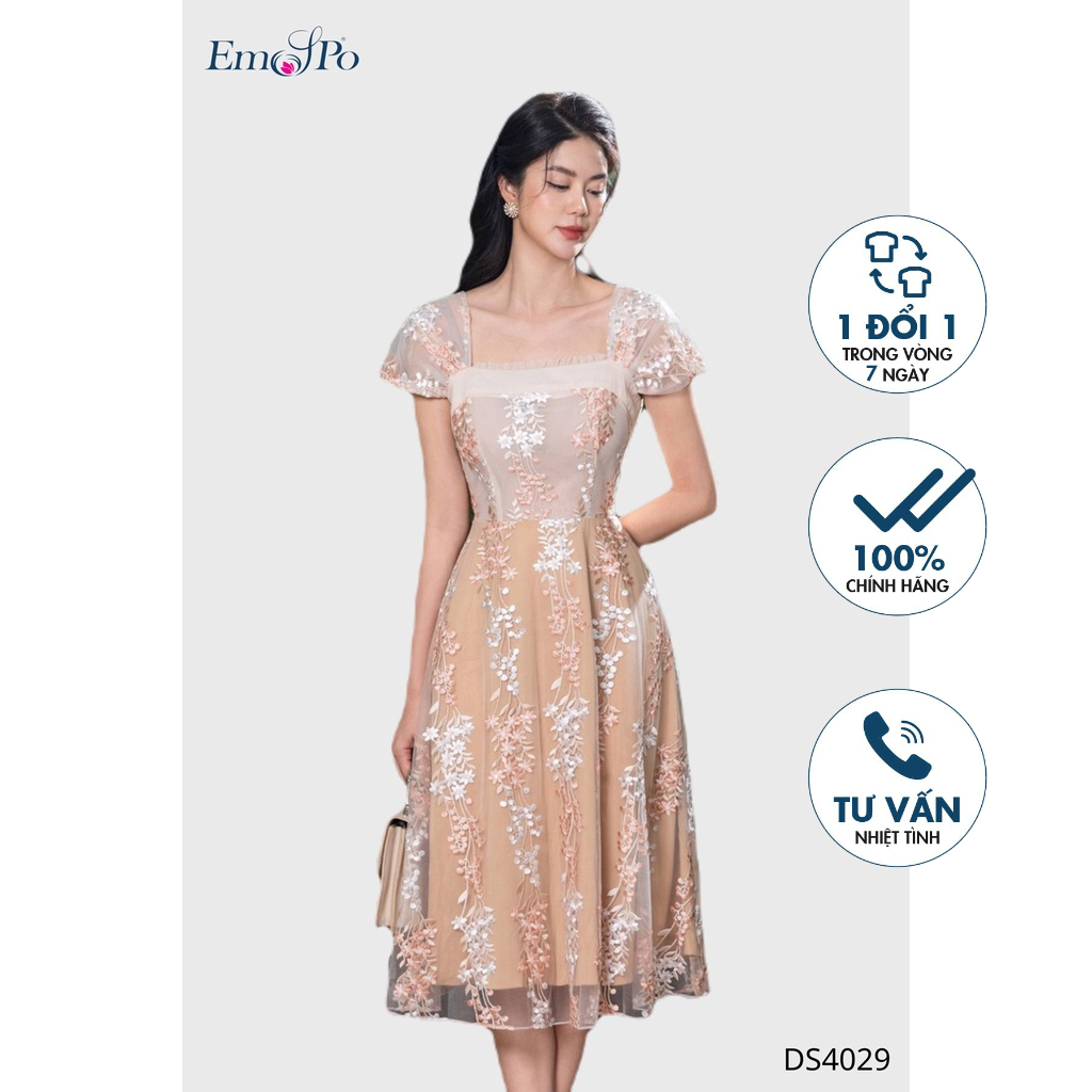 Đầm xòe cổ vuông, bèo vai, thêu hoa Emspo DS4029