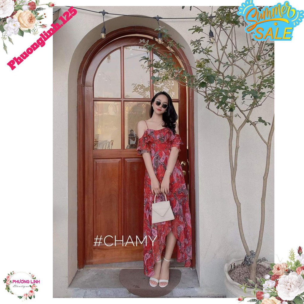 VÁY HOA ĐỎ 2S TRỄ VAI BÈO CHO NỮ | BigBuy360 - bigbuy360.vn
