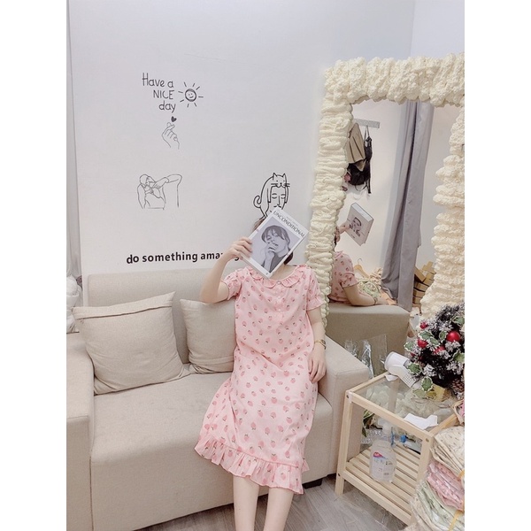 Váy pijama váy mặc nhà chất đũi lạnh hàn cao cấp bầu bí bon chen