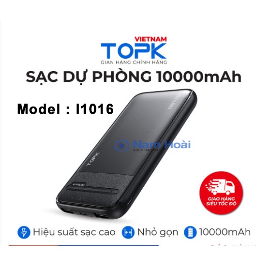 Sạc dự phòng 10000mAh TOPK I1016 Đầu ra 2 cổng USB - Hàng phân phối chính hãng TOPK