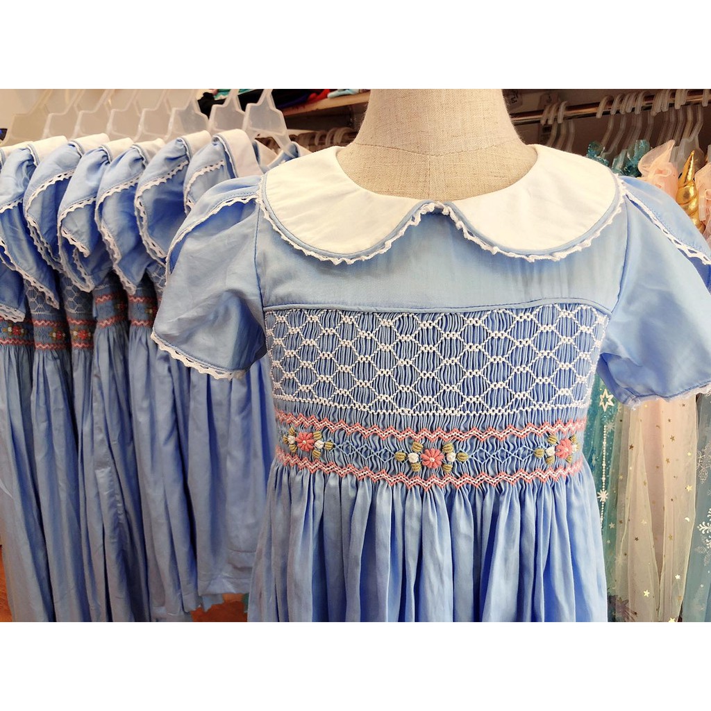 Váy smock xanh cổ trắng tay sen