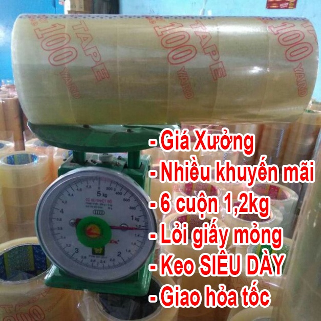 Băng keo đóng hàng 100ya trong đục 6 cuộn nặng 1.2kg LÕI MỎNG SIÊU DÀY