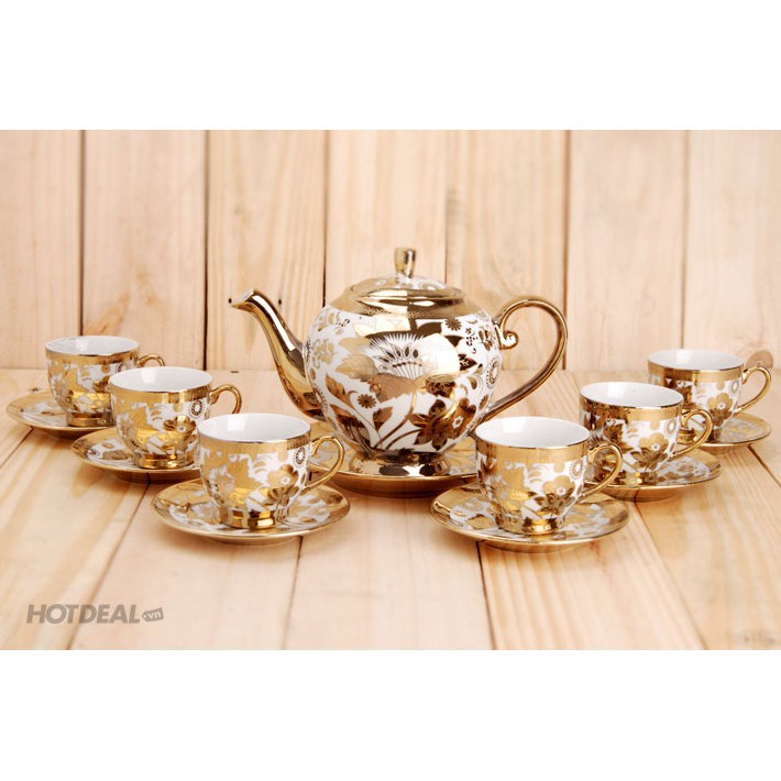 BỘ TÁCH TRÀ HOA VĂN NHŨ VÀNG HOÀNG GIA - BỘ ẤM CHÉN UỐNG TRÀ 6 LY CAO CẤP