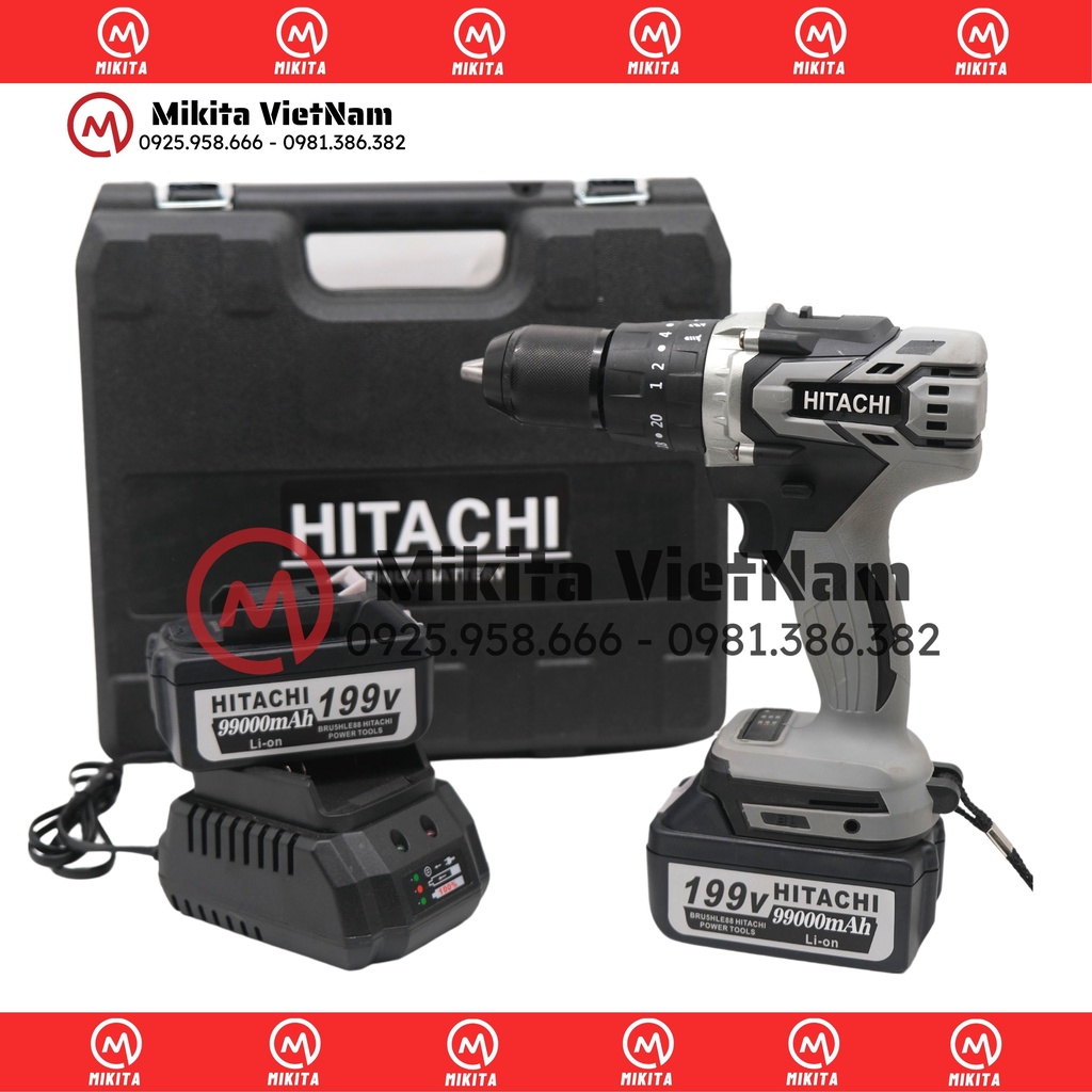 Máy Khoan Pin HITACHI 199V Động Cơ Không Chổi Than, Đầu Auto Lock 13mm