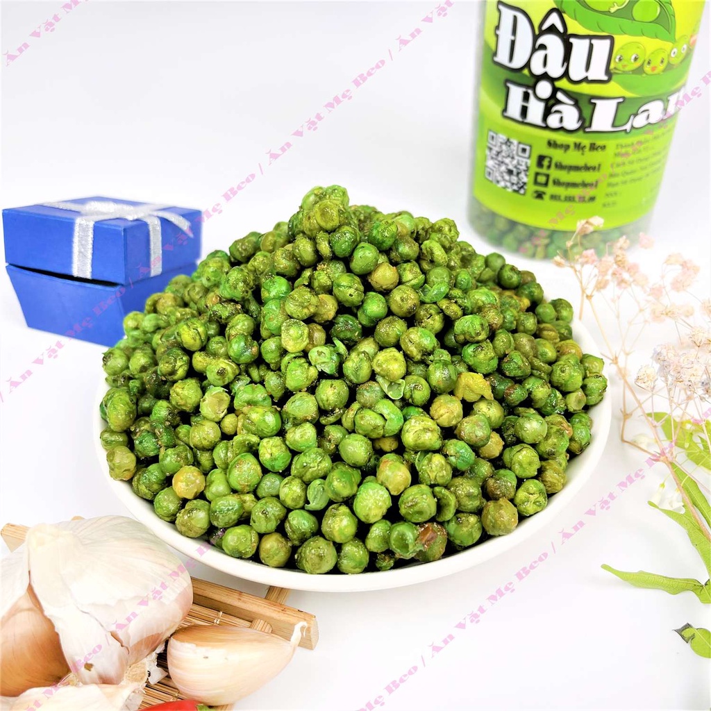 Đậu hà lan tỏi ớt sấy giòn hộp 450gr ăn vặt cực ngon