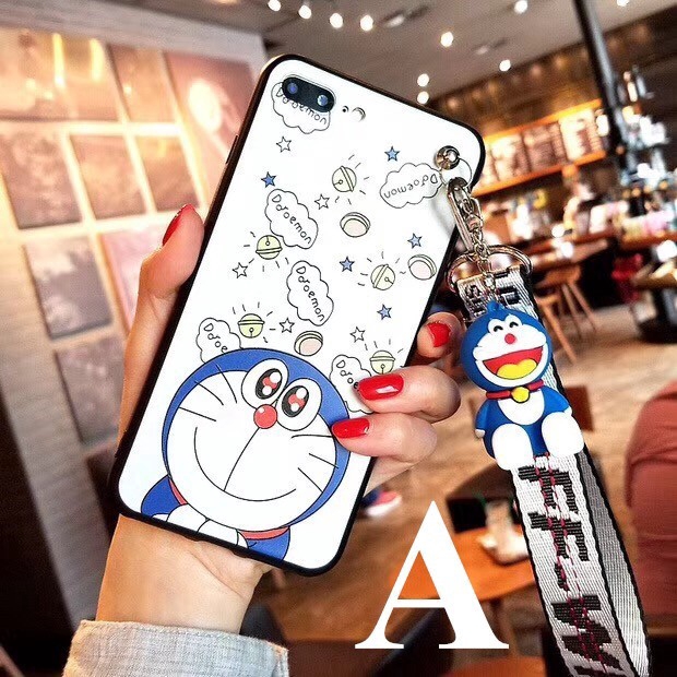 Ốp lưng  iPhone hình Doraemon có dây móc tay cho 6 6S 7 8 Plus X