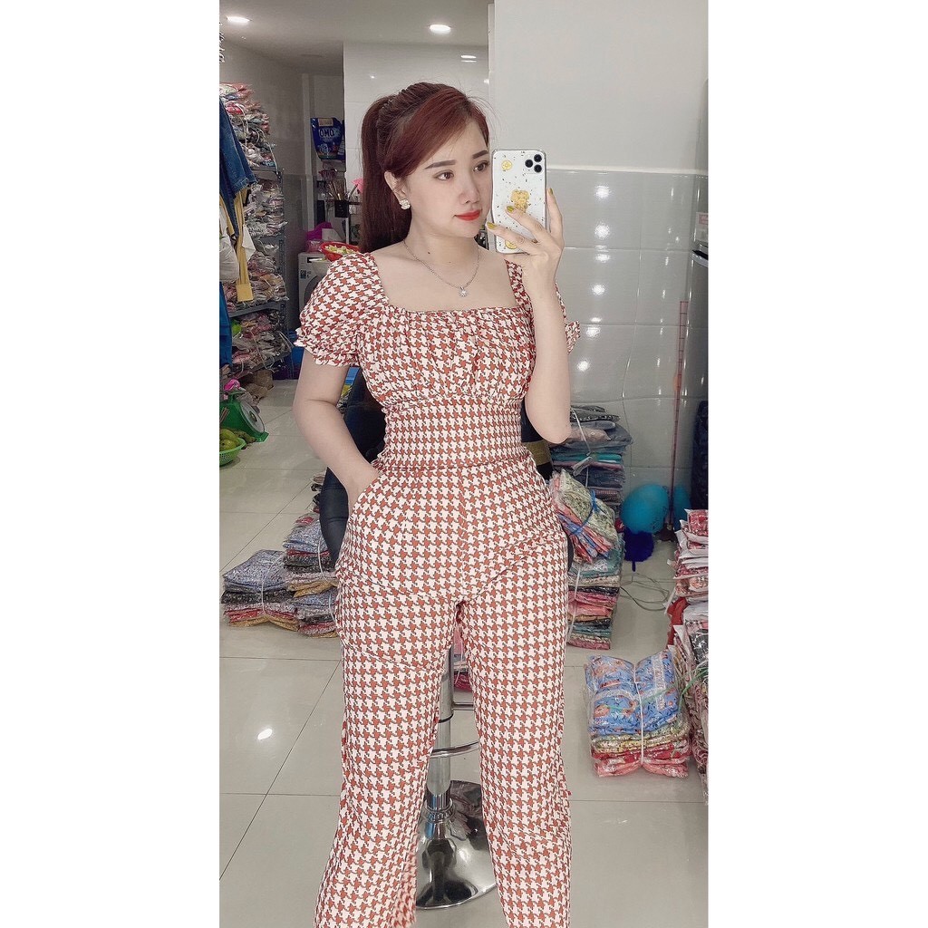 Bộ đồ mặc ở nhà, đi chơi, bộ đồ quần dài, áo cộc tay, cổ vuông, freesize dưới 65kg | BigBuy360 - bigbuy360.vn