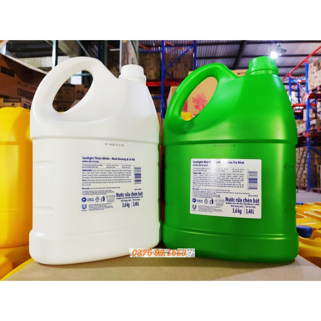 SUNLIGHT Nước rửa chén Trà Xanh, Muối Khoáng Lô Hội Trắng Can 3.6kg 3.6 kg