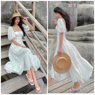 Đầm váy midi trắng tầng cổ vuông nút bọc 💕 đi tiệc-đi biển-đi dạo phố cực xinh 💕 (kèm hình thật)