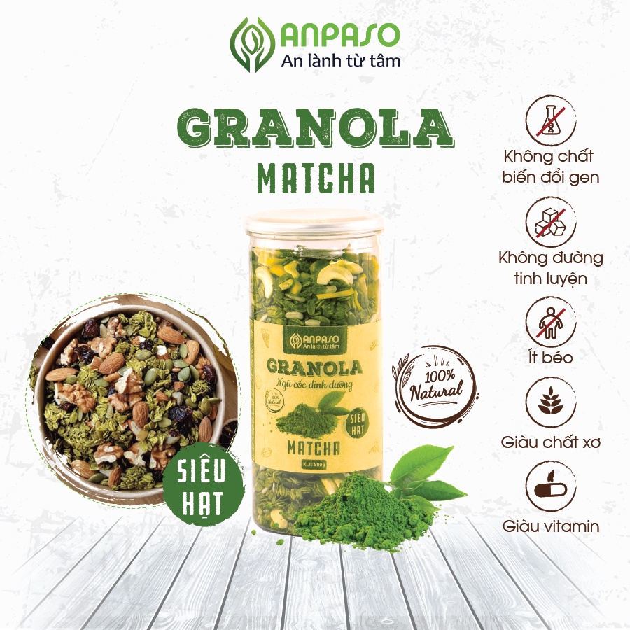 Granola Vị Matcha Siêu Hạt Anpaso  Ăn Kiêng, Giảm Cân, Eat Clean bổ sung dinh dưỡng, giữ vóc dáng, tốt cho tim mạch 500g