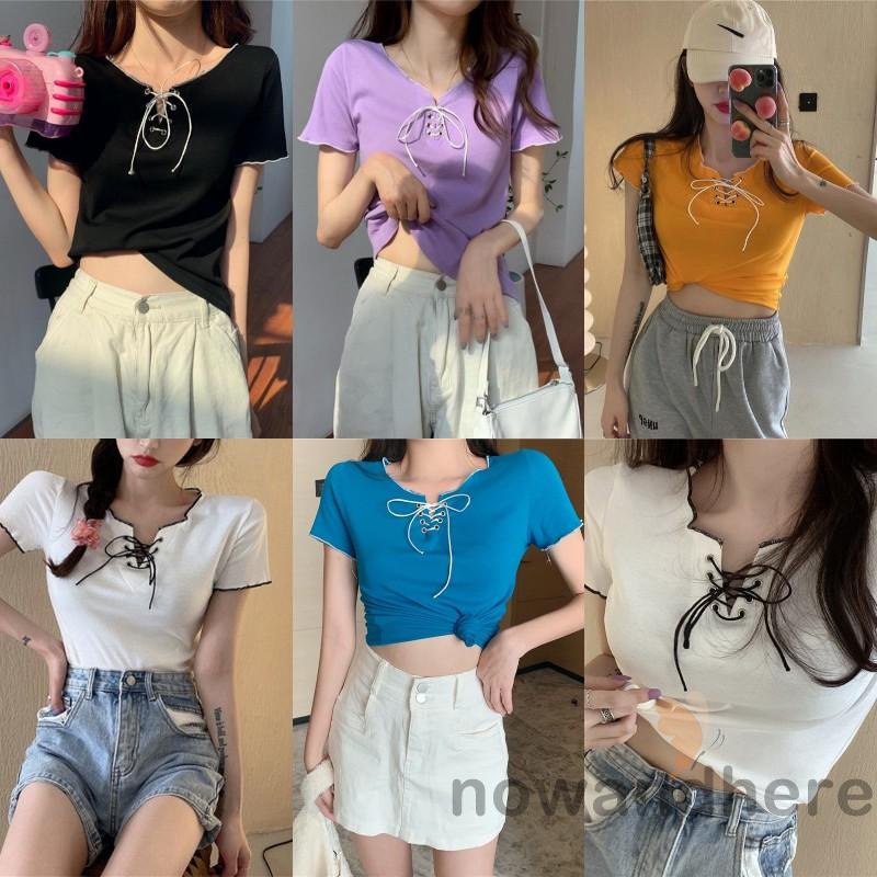 Áo Thun Tay Ngắn Cổ Đan Dây Chéo Màu Sắc Trơn Thời Trang Cho Nữ | BigBuy360 - bigbuy360.vn