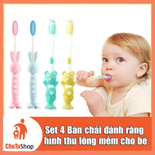 Set 4 Bàn chải đánh răng hình thú cho bé - đế mềm đứng được tiện lợi| Chutushop